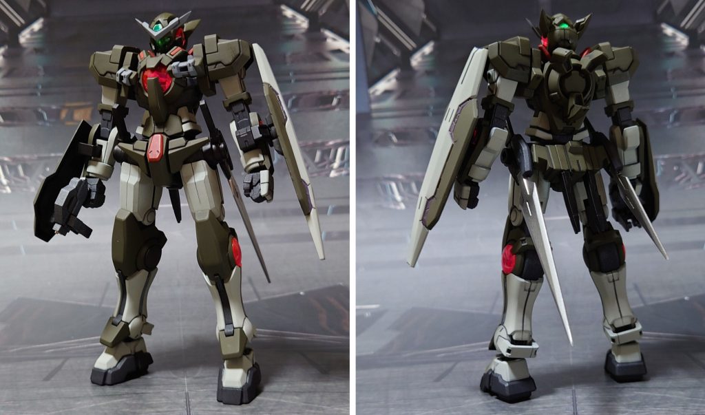 ガンダムエクシア Type‐GBN、基本装備で前後ろ。工作はゲート痕処理、エッジ尖らせ、パーティングライン・段ズレ・ヒケ対処、一部パーツの合わせ目消し、市販パーツの埋め込み・貼り付けによるディティールアップ。手首は、こちらも30MMのオプションセットに置き換え。足首はダークマターのものを加工して使用しました。