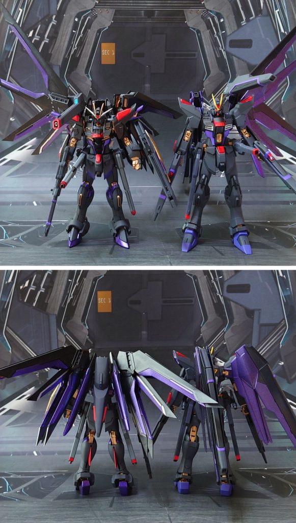 過去作にして私の“GUNSTA”の原点、“アンブラルフリーダムガンダム”との比較。■塗装レシピ濃グレー：黒サフ→ファントムグレー→つや消しグレー：黒サフ→呉海軍工廠グレイ→つや消し黒：黒サフ→メタリックブラック→光沢紫：黒サフ→メタリックパープル→光沢赤：黒サフ→シルバーリーフ→メタリックレッド→光沢金：黒サフ→ゴールド→光沢頭部アンテナ金：黒サフ→ブラック→メタルゴールド→光沢頭部アンテナ銀：黒サフ→ブラック→メタルシルバー→光沢その他グレー：黒サフ→ブライトガンメタル→つや消しシールドジョイント・ビームサーベルグリップ：黒サフビーム刃エフェクト：根本側にベースホワイト→先端側にメタリックレッド→全体に蛍光ピンクビームシールドエフェクト：光沢センサー類：キット付属のシール、市販のシール素材を使用その他部分塗装、墨入れ：ガンダムマーカー各種