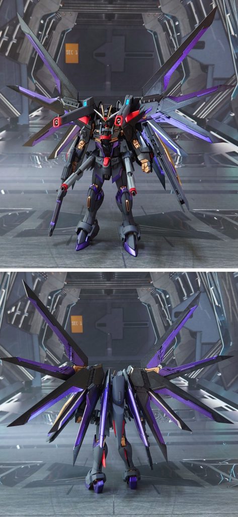 ハイマット・フルバーストで前後ろ。翼のラインは、当初は段差隠しにもなっているキット付属シールを使用することも検討しましたが、組み立ててみたときに“白ラインは不要”と感じ、取りやめました。最終的に、噛み合わせパターンが左右非対称になる中央部の小羽根のみ部分塗装。