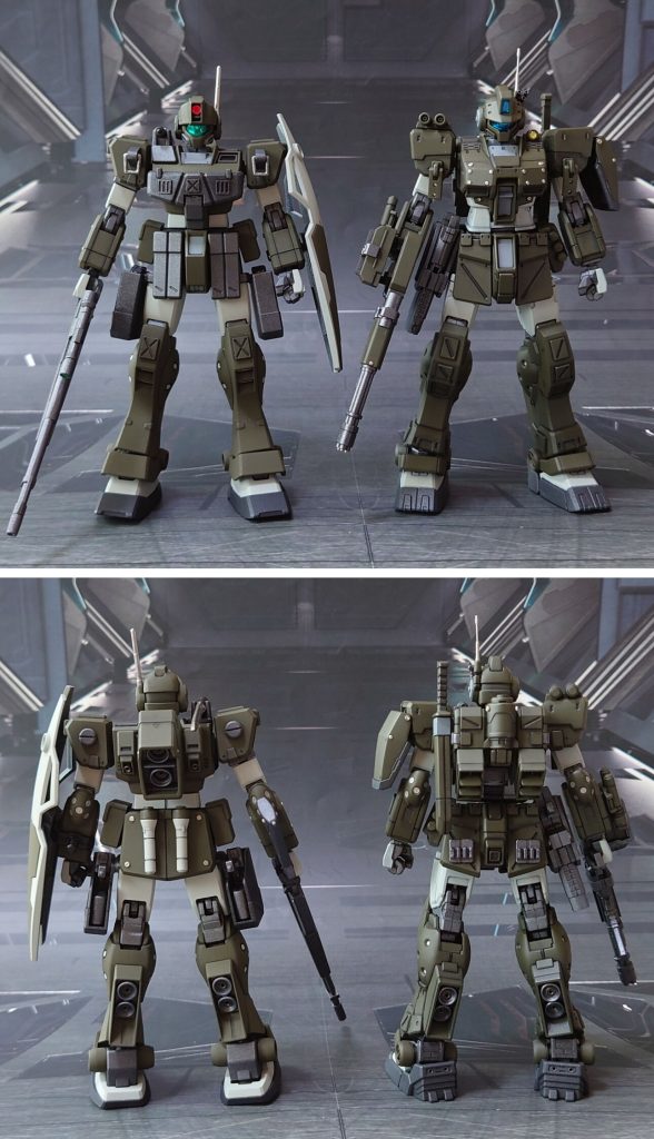 同じくジム・スナイパーⅡの改造機(だと思われる)ジム・スパルタンとの比較。■塗装レシピ緑:黒サフ→オリーブドラブ→つや消し白:黒サフ→ガルグレー→つや消しグレー:黒サフ→ニュートラルグレー→つや消し黒:黒サフ→メタリックブラック→つや消し肩フック銀:黒サフ→シャインシルバー→つや消し関節類グレー:黒サフ→ブライトガンメタル→つや消しポリキャップ:PPプライマー→ブライトガンメタル→つや消し武器類グレー:黒サフ→ガンメタル→つや消しロングレンジ・ビーム・ライフル濃グレー:黒サフ→MSグレー連邦系→つや消しナイフ刃:黒サフ→ブラック→メタルシルバー→光沢ナイフグリップ:黒サフビームサーベル刃エフェクト:根本側にMSホワイト→先端側にメタリックレッド→全体に蛍光ピンクセンサー類:キット付属シール、市販シール素材を併用墨入れ・部分塗装:ガンダムマーカー各種を使用