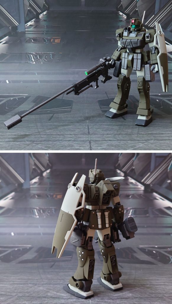 ジムスナイパーK9の前後ろ。工作はゲート痕処理、パーティングライン・段ズレ・ヒケ対処、一部パーツの合わせ目消し、市販パーツの埋め込み・貼り付けによるディティールアップ。手首は、キット付属品に加え、右平手、左右握り手を追加。ビームガンのホルスターを噛ませた状態で抜けにくくなるように、太腿と股関節の接続軸を延長しました。