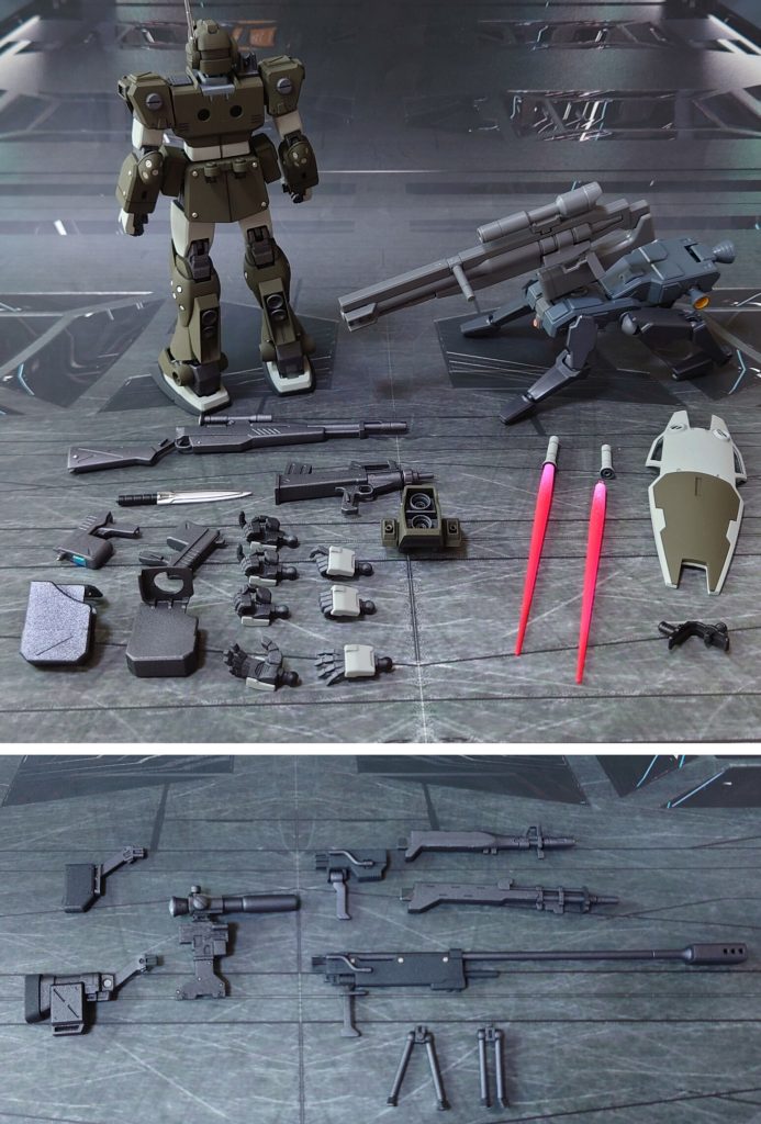 付属品一式。付属しているK9ドッグパック&ライフルは使用せず、余剰パーツとなるジム・スナイパーⅡのバックパックを使用。代わりの狙撃用ライフルとして、システムウェポンキットのロングレンジ・ビーム・ライフルを追加しました。