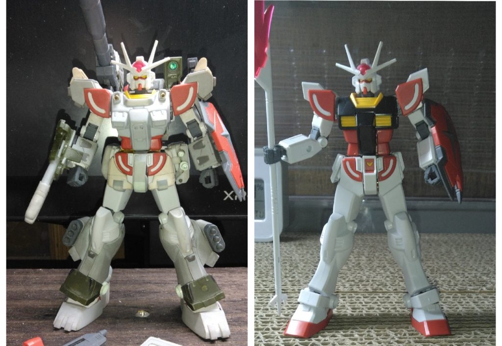 クールビズ　　　昔は省エネルックとか言ってたもんだが・・　この段階で薄いグレーの部分はプラ板とプラパイプなどによるスクラッチした部分です　濃いグレーの部分が市販のパーツです（ショルダーキャノンの砲身やバーニアなど）　緑の部分がSDのFAガンダムのパーツを加工後に流用してます（アンクルガードや右腕の2連キャノンの基部など）　クリーム色の部分は多分だけどMGの陸戦ジムのパーツ？を加工してます　ふくらはぎ外側の３連ミサイルランチャーはジャンクパーツとプラ板を曲げたものとプラパイプでのセミスクラッチです