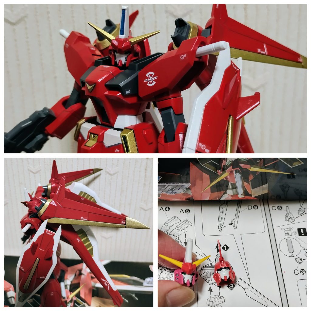 フリーダム必勝へカラーリングをメタリックレッドとゴールドで部分塗装。見栄え重視 不評のマヌケ顔をHGCE隠者へ アンテナと頭部センサーを移植加工\マイドー/