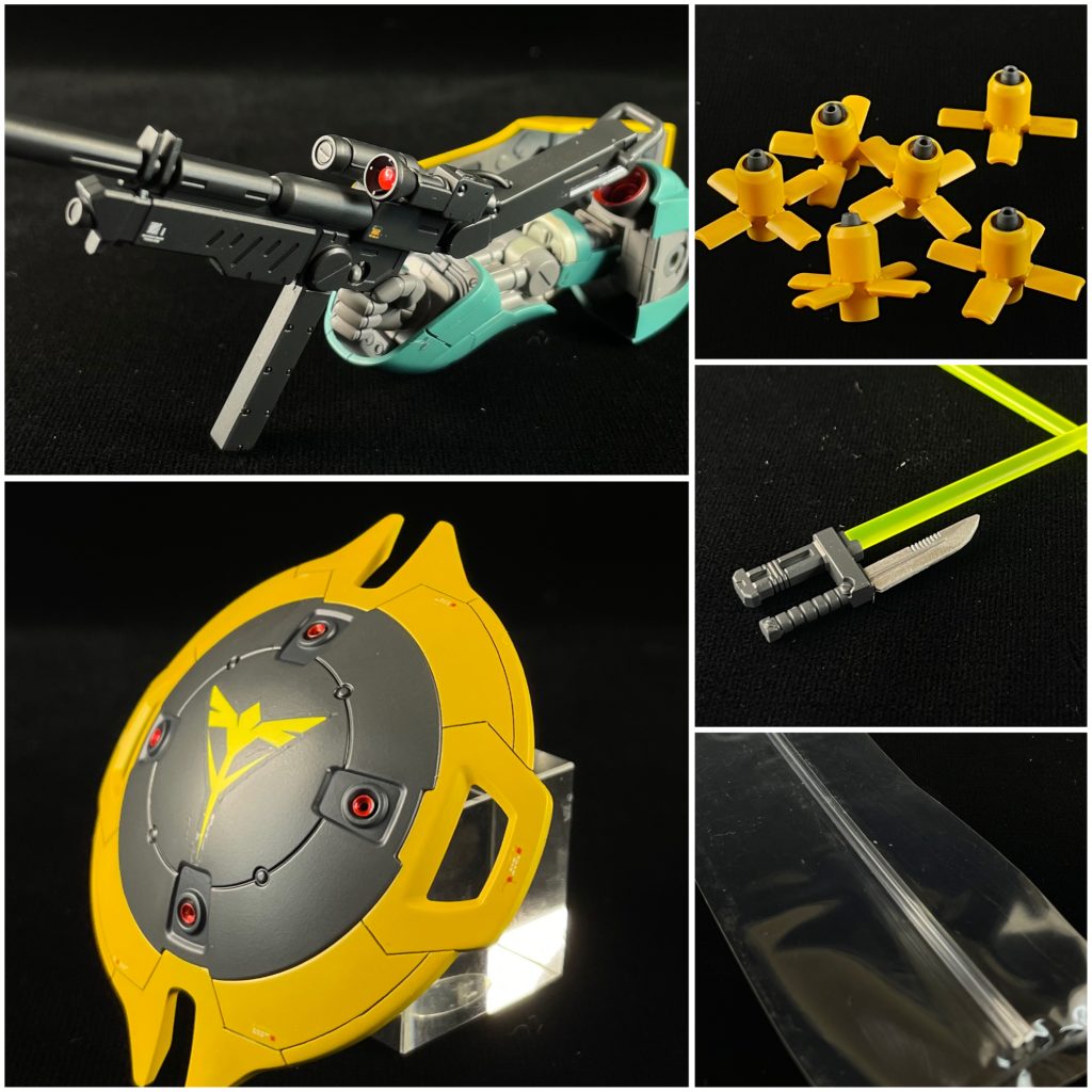 ⚪︎制作内容◎全身・プロポーションの見直し・スジボリ、プラ材等で 適所ディテールアップ◎頭部・モノアイを市販品に変更・アンテナをシャープに加工・ギュネイ機の目玉は塗装で表現。◎胴体・腰分での延長加工／2mm・襟をシャープに加工・フロントアーマーの拡大工作・股間ダクト内にプラ材でスリットディテール◎腕部・左右の肩の内側を削り 胴体に近づけました／各0.5mm・左持ち手を 握り手に変更制作◎脚部・太もも前面を幅増し加工／1mm・脚の後ハメ加工による膝の合わせ目処理・膝に金属パーツを配置・爪先に金属パーツを配置◎他・バックパックバーニア内部に金属パーツを配置・各バーニアのシャープ加工・ライフルの合わせ目処理・ライフルの銃口をシャープに過去・ライフルは腕との干渉で持ちにくい為、後部に可動軸を配置し対策・ファンネルの銃口をシャープに加工・スコープに市販パーツを配置・シールドに金属パーツを配置・シールドのネオジオンマークは下部のディテールが死んでいるので、一旦埋めて 水転写デカールに置き換え。