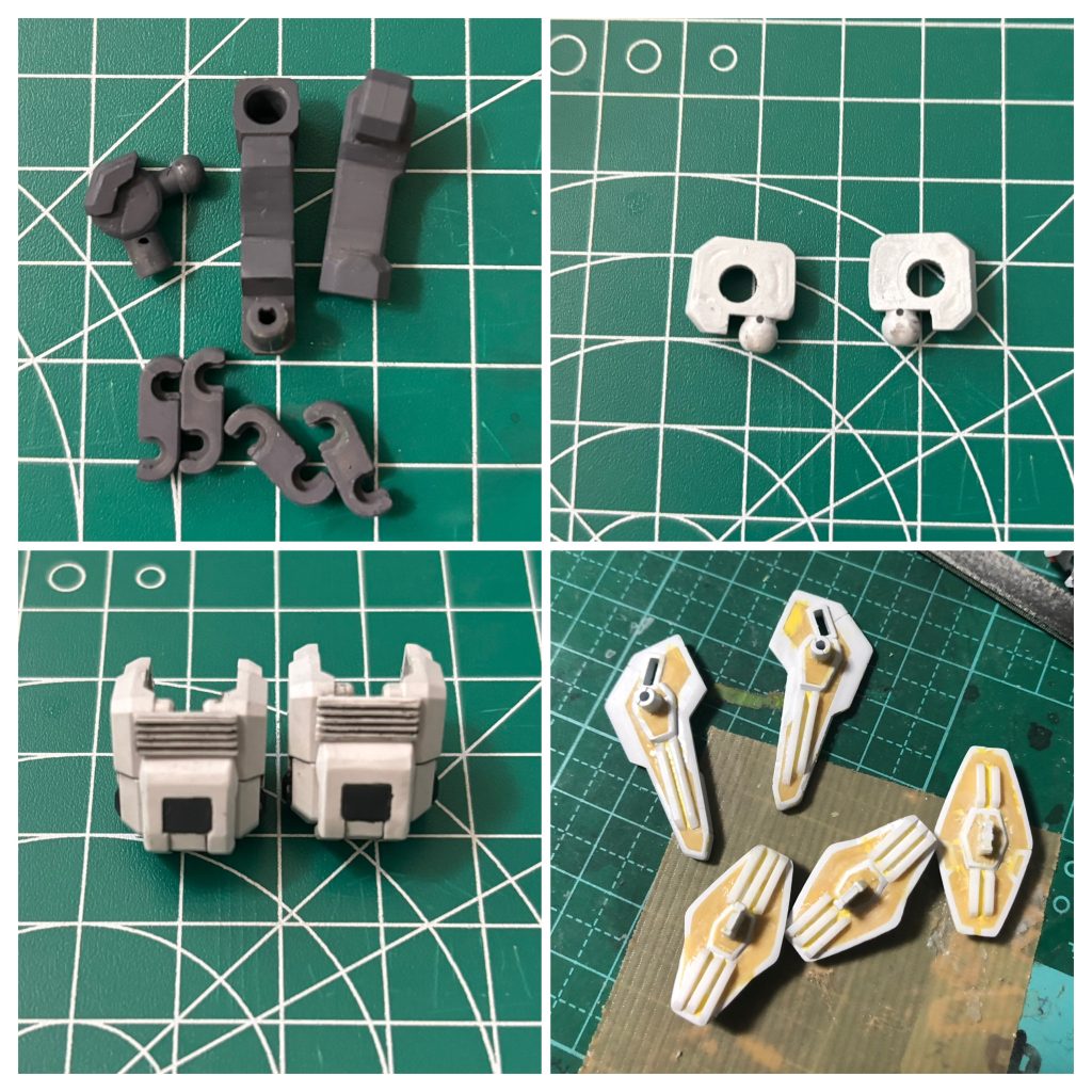 肉埋めとプラ板加工の一部。バリアブルロッドライフルのアームは肉抜き全てパテで埋めました。その他にも足首の肉抜き、膝横の丸モールドの肉抜き、足裏など、たぶん全ての中抜きは埋めてあります。肩アーマーはそのままだとフレームとのジョイント部が見えてしまうのでモールド入りのプラ板で蓋をしました。