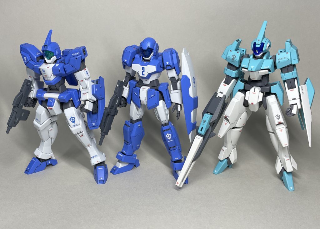 地球連邦軍の量産機を並べてみました（まえ）左から・ジェノアスⅡ（第2部登場、ジェノアス改修型）・アデル（第2部登場、換装可能な量産機）・クランシェカスタム（第3部登場、変形量産機のカスタム機）