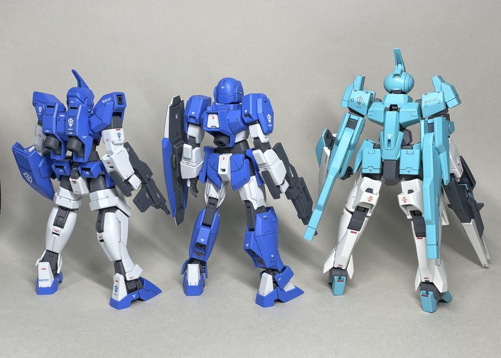 地球連邦軍の量産機を並べてみました（うしろ）　はじめにジェノアスⅡが完成。オブライト小隊を揃えたくてアデル2機を完成させ、他の連邦量産機とも並べたくなってクランシェカスタムを完成させました😅