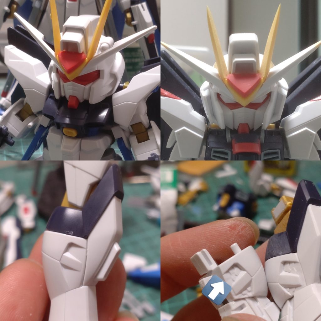 頭の改修バルカンの位置がおかしかったので位置の変更とバルカン自体も新造ツインアイの新造頬の新造頬ダクトから後頭部へのライン変更額の2段カメラ上段が潰れすぎてると思ったので下段を新造して調整脚に露出フレームっぽいディテールを彫りました