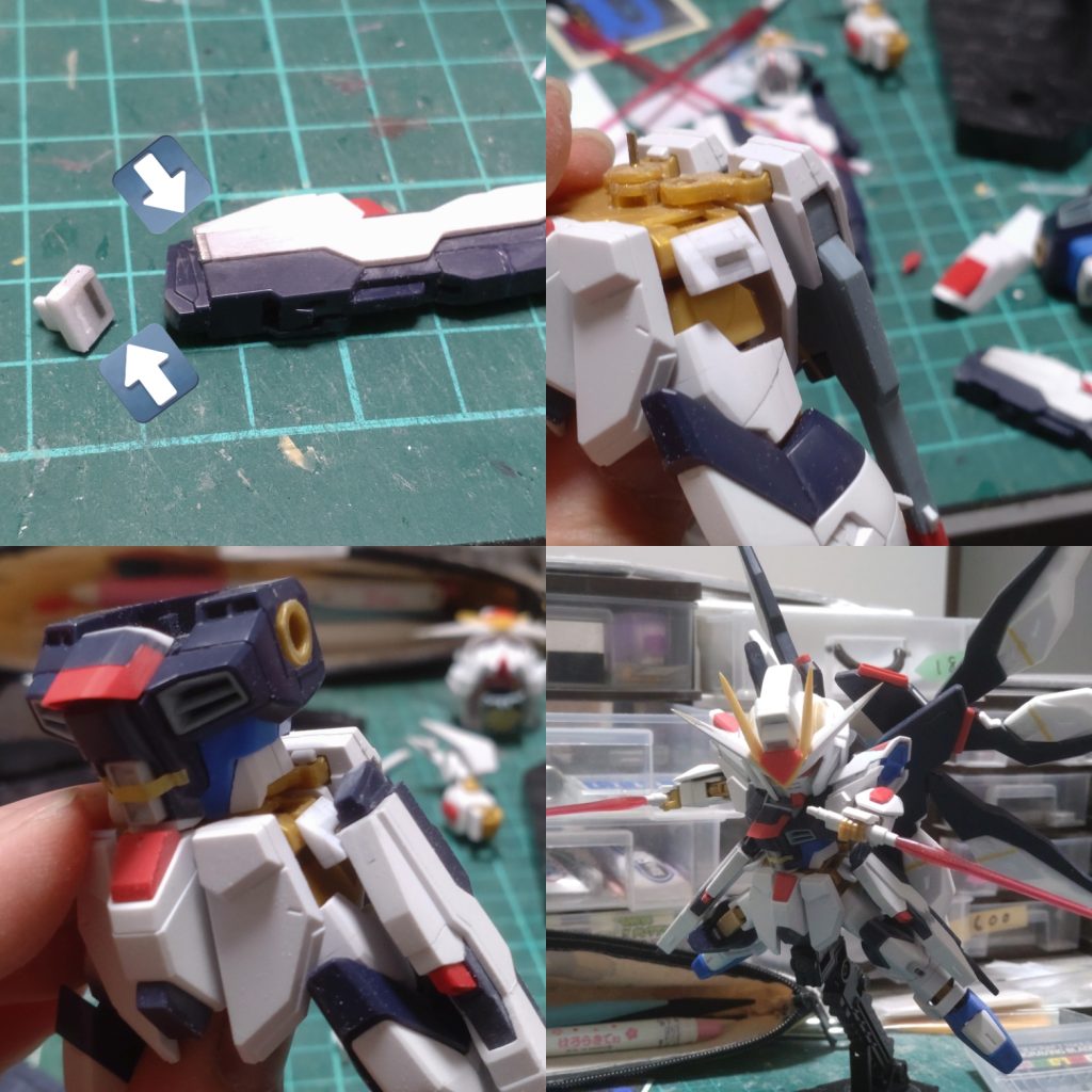 ライフルを腰にマウントすると可動がめちゃくちゃ制限されるので接続用パーツを新造ネオジウム磁石で着脱可能にしてます接続位置をかなり下げたのでしっかり開脚させることが出来ます