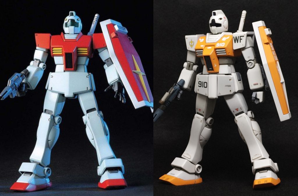 主な改造は首、上腕、腹、腿を伸ばしてスマートにして、コクピットブロックを下にずらした位です。そういえばジムIIのコクピットブロックも、元々は胸板とツライチで、ヌルいスジボリが入ってるだけだったのを、削り込んで段差を作ったのでした。あ、足の形状を地味に調整してますね。他の細かいところは製作ストーリーに書きましたので、興味がありましたらそちらも是非。塗装はタミヤ缶スプレーのインシグニアホワイトとブリリアントオレンジです。塗り分けはジムIIに準じたものに変えていますが、そもそも初代ジムの肩アーマーが赤で、ランドセルが白という配色は変ですよね。他のMSと整合性が取れてないですよね。