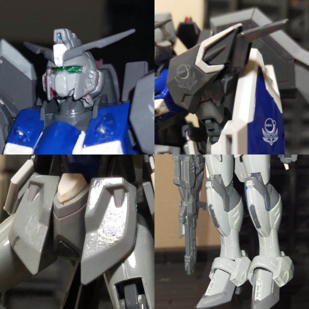 イモータルジャスティスとの変更点はツインアイのゴーグル化。頭部アンテナオミット。口元はウィンダムをの顔パーツを切り取って使用。肩の突起物のAMBAC化。股間部突起物のオミット。脚部の一部をライジングフリーダムに変更。(全面ダクトはオミット。)