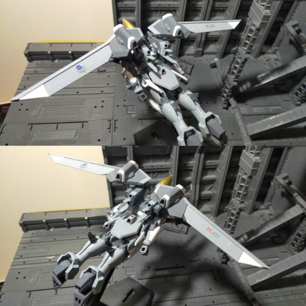 カラーイメージはF35とかの戦闘機カラー。胴体の青色はグレーばっかりだとつまらないし連合側だとわからないのでわざと青色にした。その結果、デルタプラスっぽくなった。