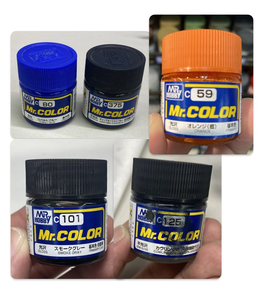 明るい青が嫌だったので、コバルトブルーとディープオーシャンブルーを混ぜたら明る目の紺になった。黄パーツ→オレンジ。赤パーツ→キャラクターレッド。灰パーツ→キャラクターホワイト。