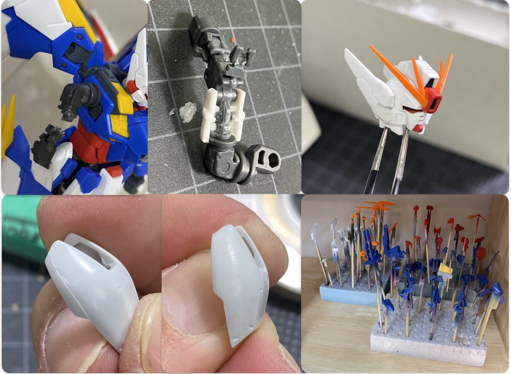 右腕を接続して曲げたら二の腕が折れました。稼働部位に注意しながら外装パーツに無理やり接着。一応動かす事が出来るようにリカバーしたつもりでしたが、塗装中にポロリしたので、やむなく回転軸は捨ててガチガチに固めてやりました。ぐぬぬ…アンテナはオレンジ塗装からのマスキングしてセンサー部分をキャラクターレッドに。耳も余剰の白パーツと赤をキャラクターホワイトにしてシンプル白顔面に変更。ゲート処理のついでにディテールだかパーティングラインだか分からんヤツも一緒に消す。