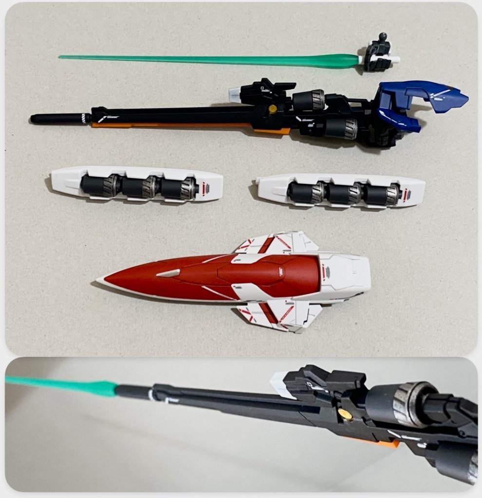 武器はポロリが面倒なのでハンドパーツに接着。バスターライフルの塗装はスモークグレー使ってみたけどよく分からんかったので、カウリング色なるもので再塗装。スコープ？のセンサーは灰パーツと同じく。あと何か丸いディテールはガンダムマーカーのイエローゴールド。エネルギータンクは確かシャインシルバー。ライフルとは別パーツという事で、あえてグレー部分は未塗装。塗り忘れではない。断じて。ちなみに最近のガンプラはビームサーベルを銃口に取り付け出来る仕様なのかね？設定的にこんな細いビームではないと思うけど笑