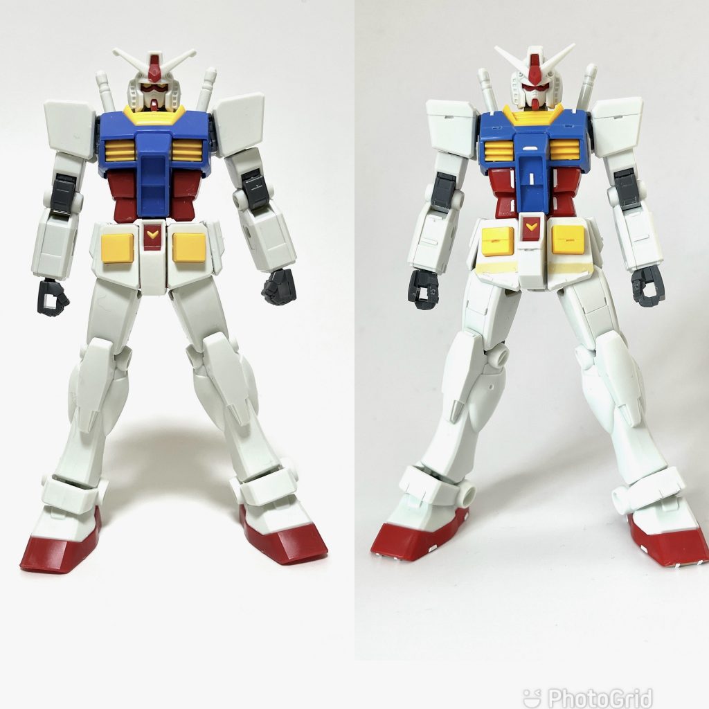 ビフォーアフターはこんな感じ。素組み状態だと、なんとなくトップヘビーというか、無理に胸を張っているような印象ですね。