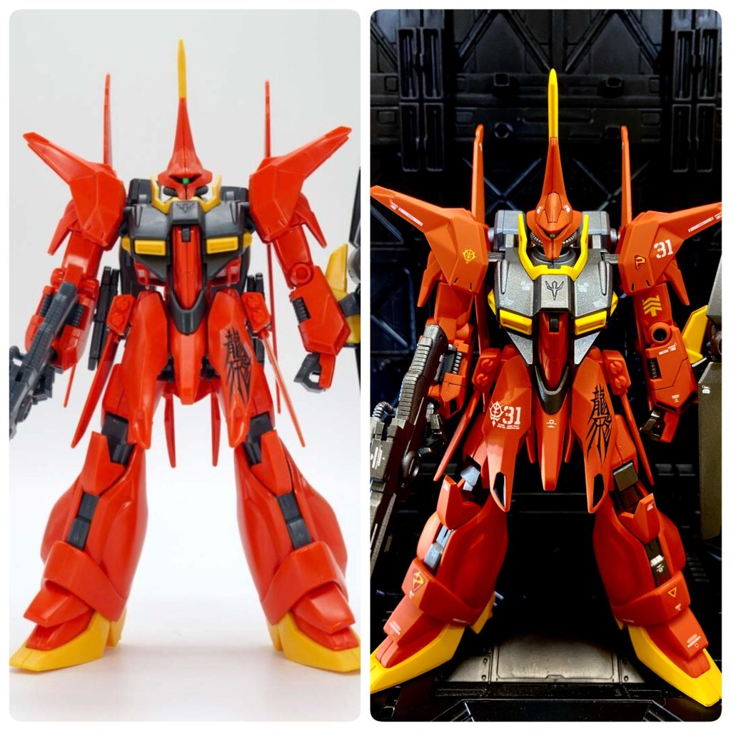 正面から。このキット頭部の上半分にガッツリ合わせ目が出るので、一応頑張ったもののあまり上手く消せず...あと腰部バーニア色分けに失敗し、結局黒く塗りつぶしたのは内緒です笑