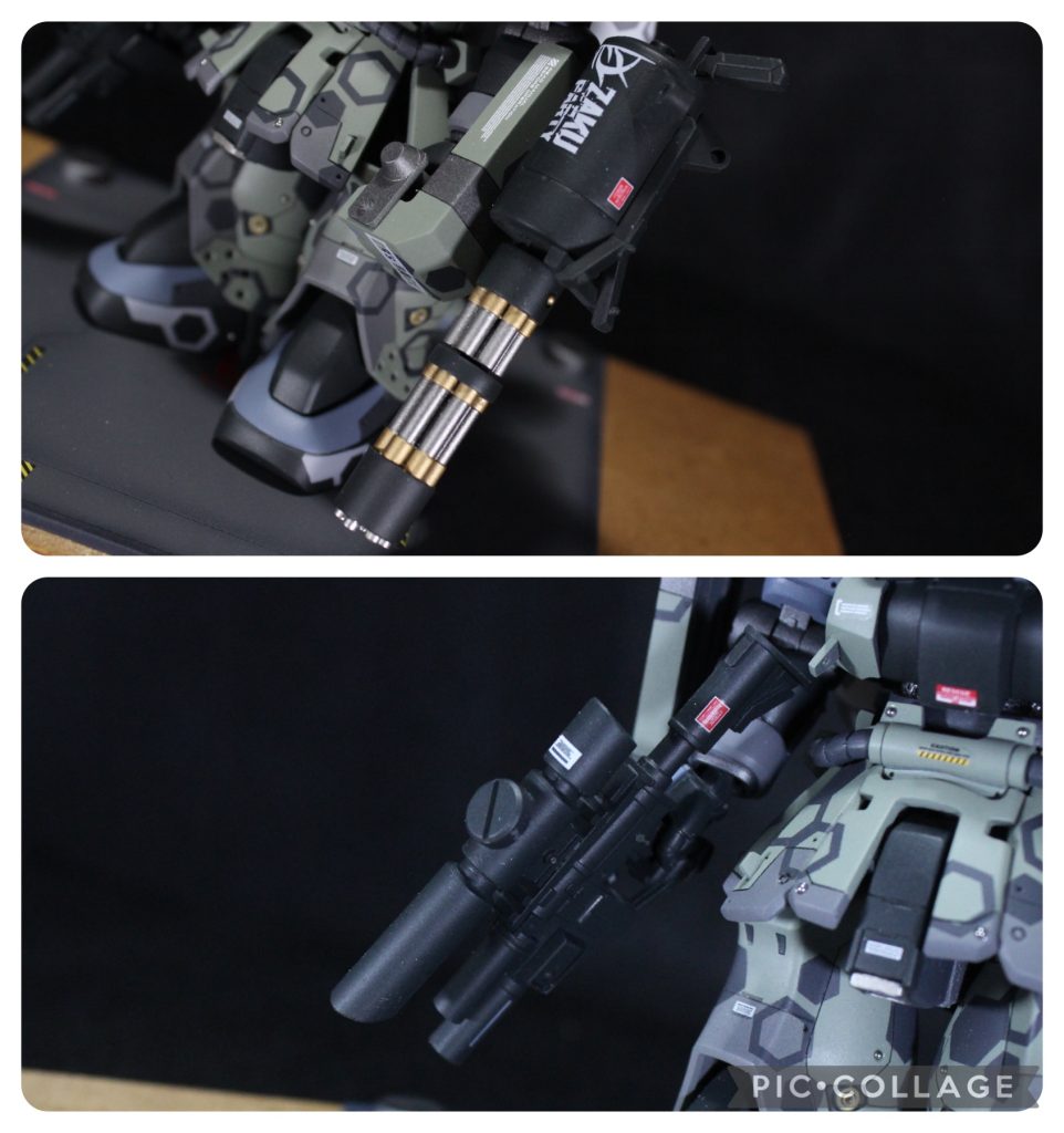 武装類はそれぞれHGグフカスのガトリングとF2ザクのマシンガンから改造を行いました。ガトリングはサイズ感を合わせて短くし、マシンガンの方は上部を切り取り、パイプ類を切ってスコープを作りました。グフカスを作ったのは一度だけなんですが、このガトリングはかれこれ4回目の使用なので、マスキングやメタルパーツの置き換えなど、かなり順調に進みました。やはり練習は嘘をつかないですねぇ。