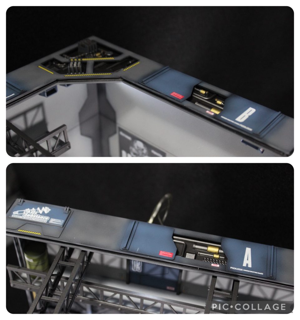 新しく取り入れた要素②「メカディテール」です。天井(屋上)部分は1ミリプラ板で3ミリのH型プラ棒を挟んで1つのユニットとしたんですが、天板の方に穴を開けて、内部にジャンクパーツたくさん詰めてメカっぽくして塗装、天板も塗装し終えてからボンドで貼り付けという順番で作業し、憧れの内部メカがチラッと見えているというなんともスケべな表現を覚えました。