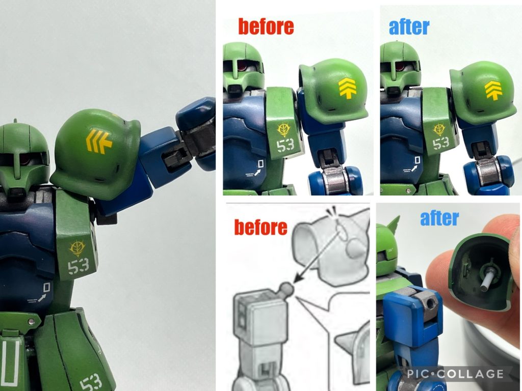 肩アーマーが少し浮いてしまうので、ジョイントを伸縮式に。深く差し込めば肩アーマーの収まりが良くなる。軸を伸ばせば肩の可動域を確保できる。