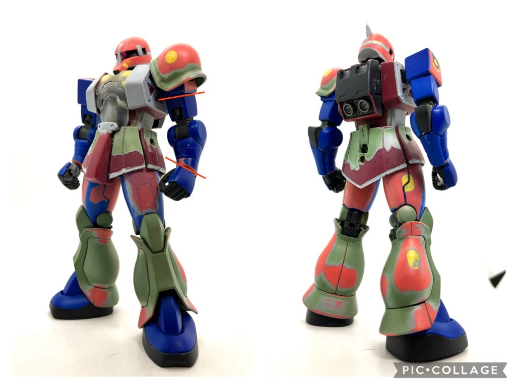 リバイブザクは手足がヒョロヒョロととても長い。スカートやふんどしは1㎜延長。腕は手首と二の腕を1㎜ずつ切除。これで腕は相対的に3㎜ほど短く見える。脚も1㎜ほど短く見える。ちなみに手首は短くなった分、ハンドパーツをはめ込む穴を深く彫り込んでいる。胴は左右に1㎜ずつ増幅。胸は0.5㎜厚くした。腹部に干渉していたバックルは切除して、位置を変えてプラ板で再建した。