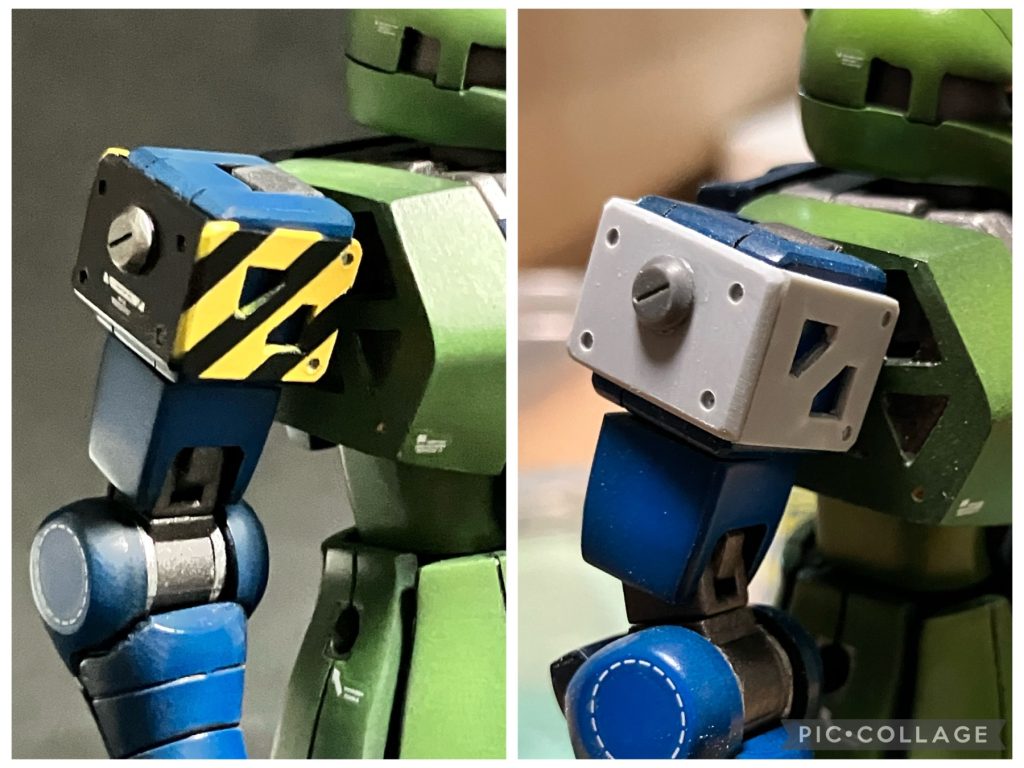 オリジン版のような肩の追加装甲はプラ板で自作。シールド用の3ミリ穴に差し込む形にしました。黄色が良いアクセントになりました。