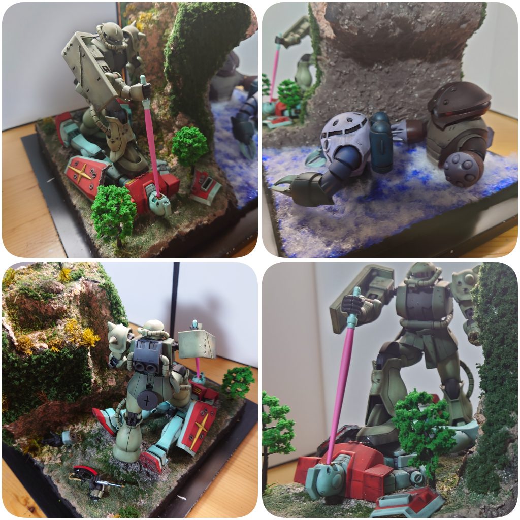 ザクとジムの戦闘中に水路からズゴックとアッガイがジャブローを目指して移動をしている感じにしてみました!