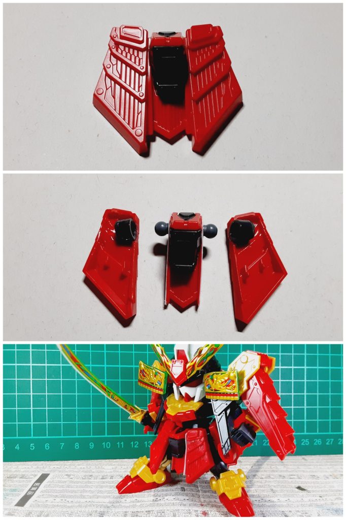 フロントアーマーはノコギリで切断後ジャンクパーツの腰アーマーの付け根を加工して可動部位にしてます今回フロントアーマーが大きく、尚且つ可動しそうなデザインだったので加工を思い付きました