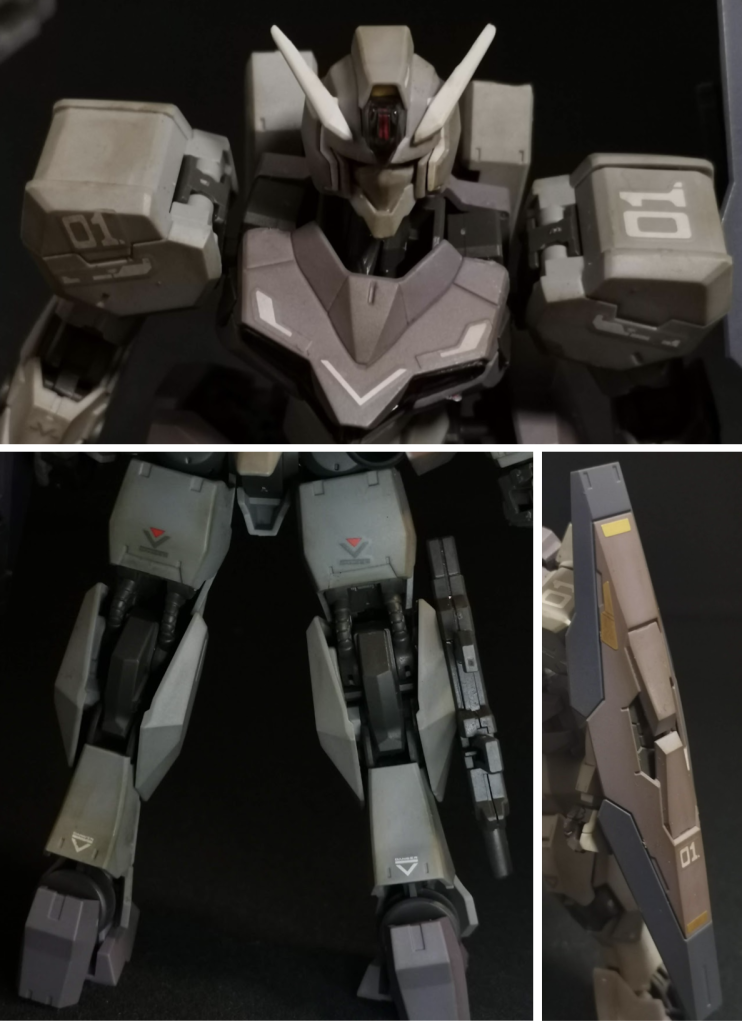 各所にデカールを貼りました。（水星の魔女汎用２、RGガンダムMk-II用）全体的に軽めのウェザリング（タミヤウェザリングマスター）を施しています。