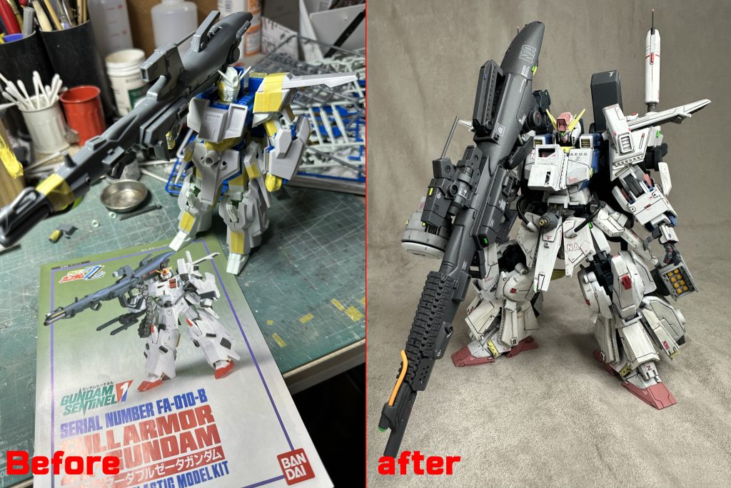 　1987年発売の旧キットをどこまでできるかチャレンジその２。前回のザクⅢ以上を目指したため、すごい永い時間を制作期間にしてしまいました。圧縮しても半年ぐらいは掛かってるでしょうか？細かい制作記は都度アップしていたので、本ページでは完成品画像だけにしました。スッキリしてて良いですね。じっくりと本編無視の俺設定を長々と書けますし。あ、誰も読んでないかｗ　そして制作記編集最後のお楽しみ、ビフォーアフター画像。ほぼ全身スクラッチ状態で元キットはどれだけ残ってるの？ってレベルなので、果たしてバンダイ製旧キットのカテゴリに入れて良いのか怪しいシロモノとなりました。一応30ＭＭを多用してるからバンダイ製？装甲はほぼ全てプラ板だからタミヤ製？こまかいディテールアップパーツの塊だからコトブキヤ製？ｗ　あらためて制作記と完成画像を見返すと、よくもまぁこんな情熱で制作できたな、と自分を褒めたくなります。先日行った永野護デザイン展に展示されていた立体物を見て、プロとの力量の差をまざまざと見せられてヘコみもしましたが、とりあえず現時点で自分の最高峰であると思います。メカ部チャンネル風に言うと　「控え目に言って最高ね！」　って感じですか？