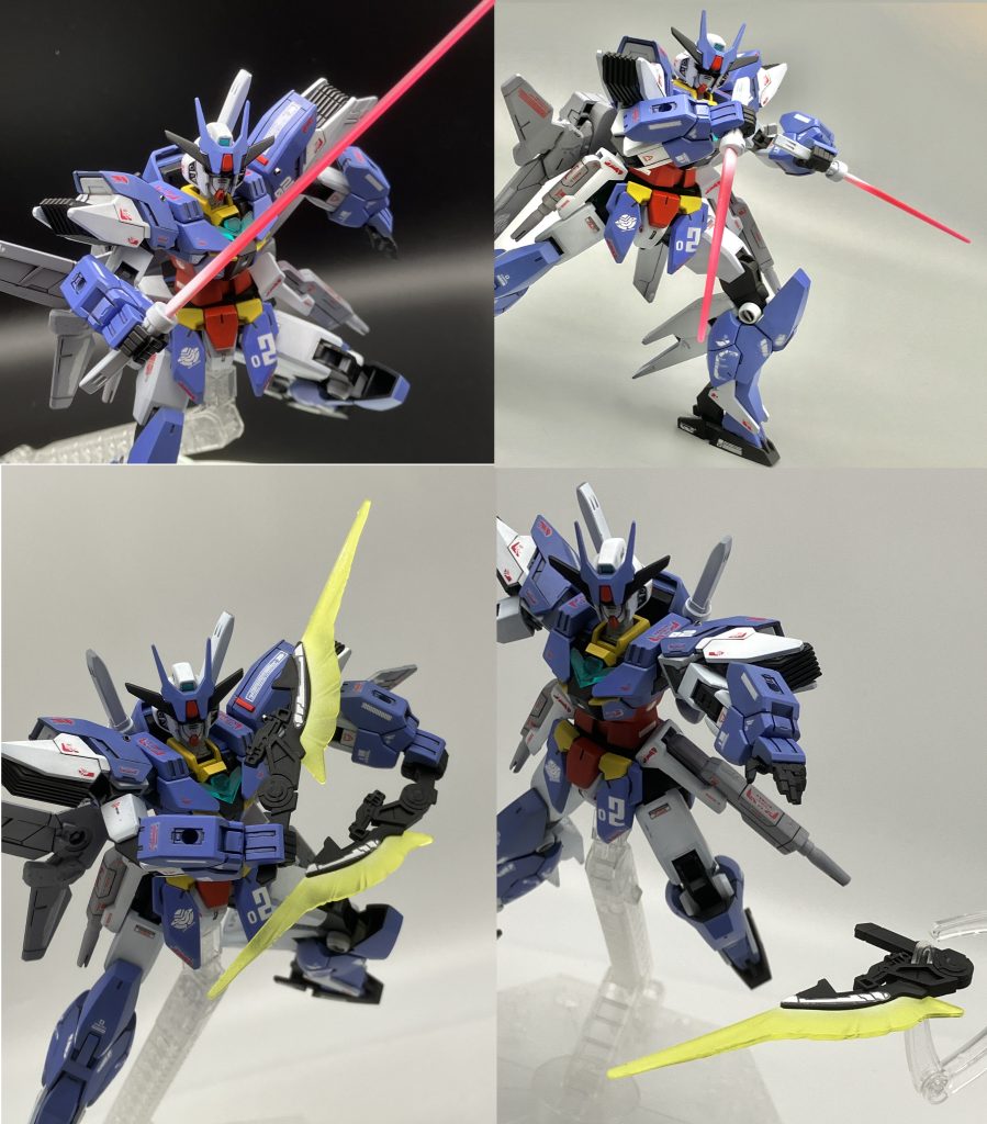 近接武器・ビームサーベル/ダガー肩部に装備している標準的なビームサーベルと出力を抑えたビームダガーと使い分けができる。・ビームフィンアックス背面ウィングに装備しているメルクワンのフィンザンバー改良したビームアックス、フラッシュエッジのようにブーメランとして投擲できる。水中用ビットを参考にウィングに装着して光の翼を展開して推進剤として活用もできる。