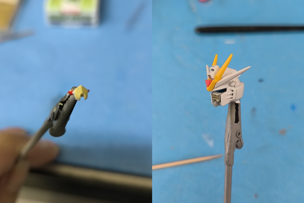 そして一番大変だったのがこのフェイスパーツです。最初は筋彫りに挑戦したんですけど、全然うまくいかなくてパテを使うことにしました。
