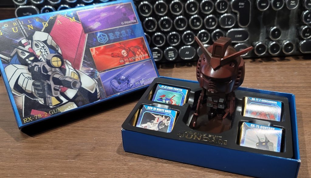 去年、スーパーの安売りコーナーで半額になっていた売れ残りのガンダムチョコの箱に入れてみました。
