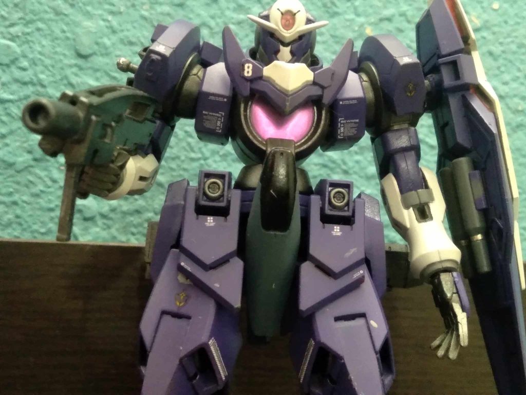 I used Tamiya purple, white, gunmetal, and light gray. Metallic red Gundam marker was used on the inside of the shield