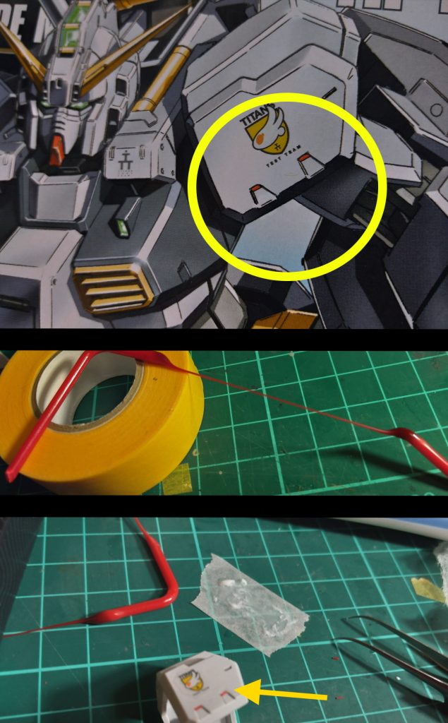 ライターで炙ったランナーにより、ソーメンより圧倒的に細いチップがにょーんと作れたので最高に面白かったです。今後作る機体にも、隙あらばにょーんをしていこうと思いました。水溶きボンドで接着して、後はトップコートの保持力に期待。