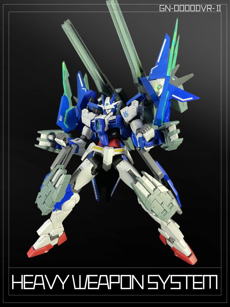 これらのマルチウェポンマウントは第二次有志連合戦において 「GN-0000VR/S ガンダムダブルオースカイ」が使用したHWS(ヘビーウェポンシステム) との互換性を持ち、所謂¨決戦仕様¨への換装が可能である。These multi-weapon mounts are compatible with the HWS (Heavy Weapon System) used by the