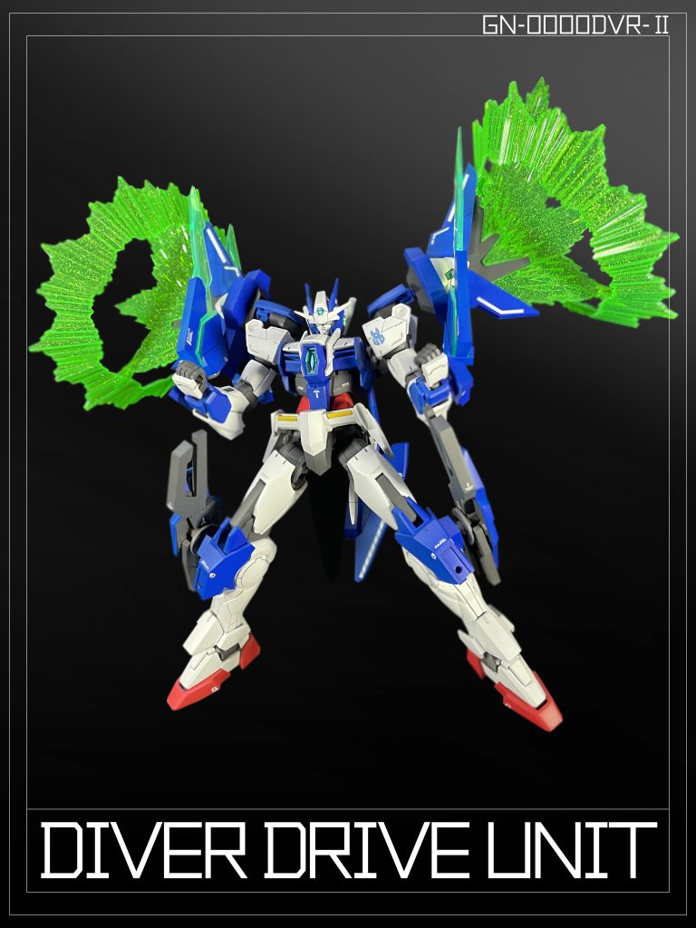 「ダイバードライブユニット」は「GN-0000DVR/SM ガンダムダブルオースカイメビウス」の「メビウスドライブユニット」に類似したシステムを備えており、 GN粒子により生成された¨光の翼¨は高い推進力を与え、 ビームシールドに近い性質を利用した攻撃や防御を行える。The