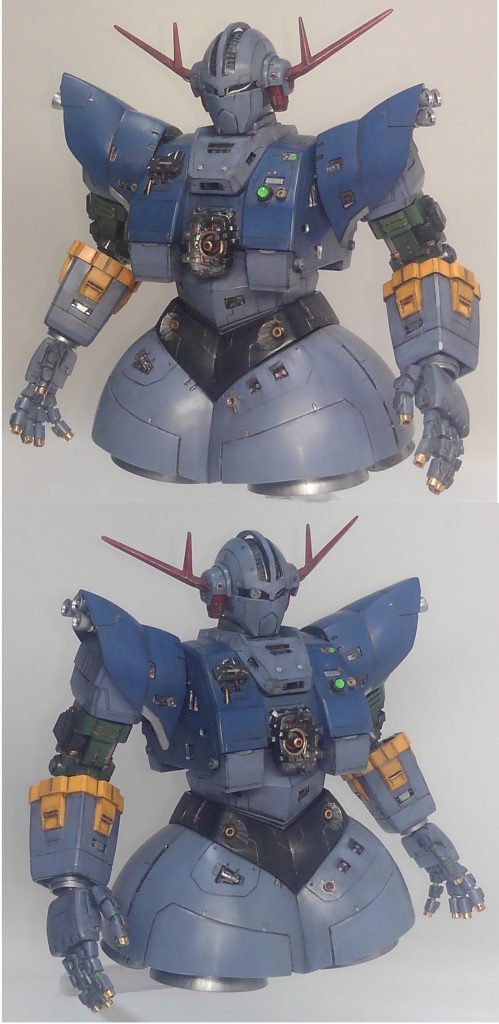 部分塗装で仕上げました。後日改修するつもりなのでほぼ成形色です。胸部にはボールジョイントを仕込みました。頭部のアンテナはやや後方に曲げてます。薄めたラッカー黒鉄で全体を塗り荒く拭き取ってスミ入れとフィルタリングしました。以下はいつものコントです。過去作の続きになります。https://gumpla.jp/other/1587903