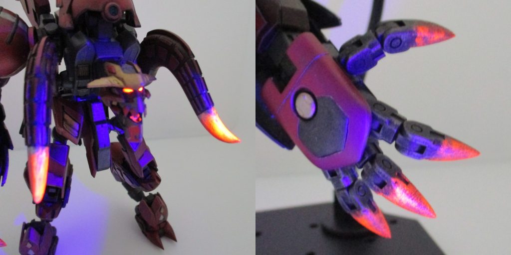 頭部の横に生えてる角と、指先はヒート武器という設定。目や『インシネレート』の砲口と合わせて、蛍光レッド+ブラックライトでぼんやり光ります。
