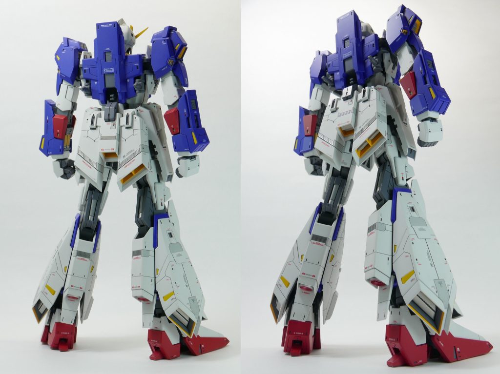 背中部分も形状変更。脚部・腰アーマー内のスラスターも作り変えました。かかと部分も稼働可能です。