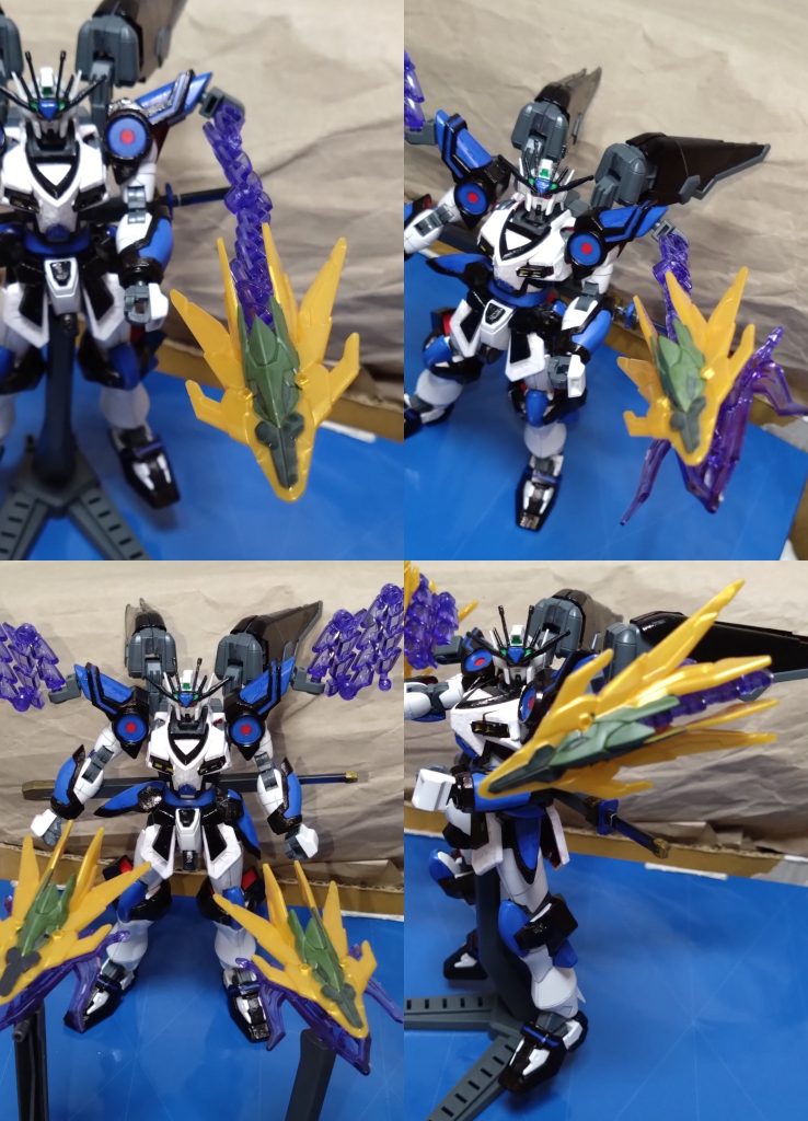 ドラゴンハング改め『無尽双頭(むじんそうとう)』前作のモノよりも小型化で、更にアームを伸ばして攻撃も可能となった新たなドラゴンハング。今回は腕から肩に装備。攻撃時は口部分からビームを放出することもでき、敵を斬り裂く。アームが破壊されても分離して『ドラゴンファンネル』という遠隔操作可能の武器にもなれる。むろん、防御としてシールドにもなる。 こちらはSD張郃アルトロンガンダムを使用しました。