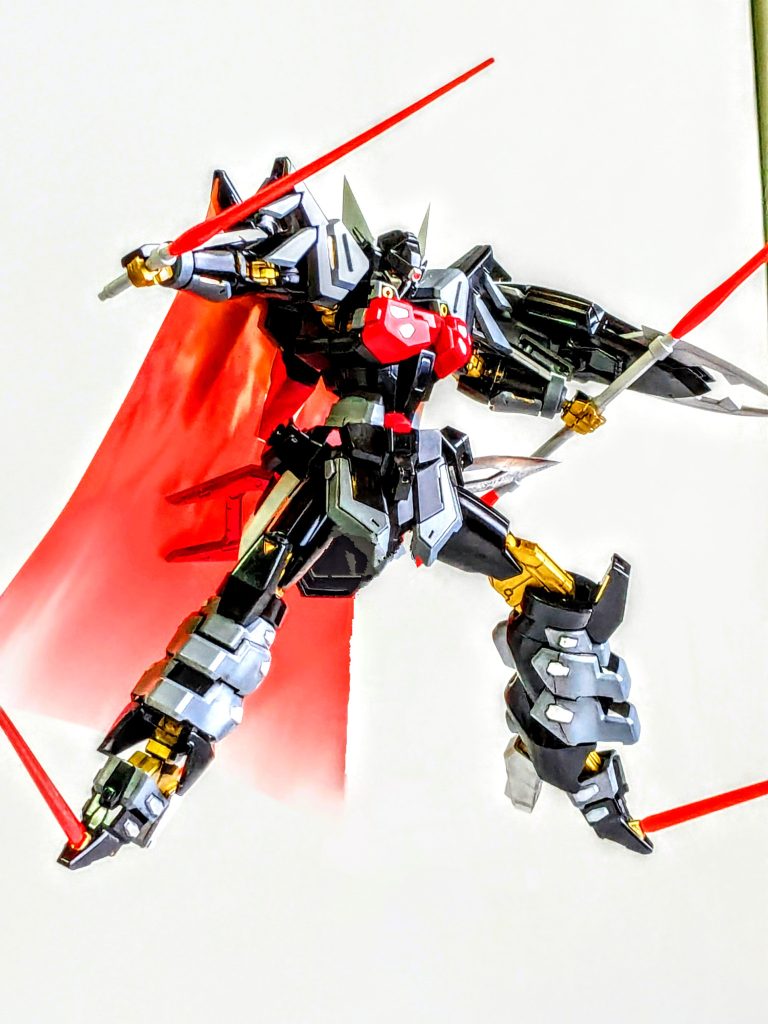 ※　主な改修箇所・頭部は、羽根の角度を改修。デザインナイフで、顔を約1mm位削って、シャープに。全体的にシャープに。首を内側を削って、約0.5mm〜1mm延長。選択式の目が勿体なく両方にしてみたくて、左目のデカールは、デザインナイフで半分して使用。右目は、1mmのスピンブレードで溝を作って、Hアイズの1番小さい丸パーツを使用。・肩アーマーは、デザインナイフでシャープ＆ディテールUP。・腕は、デザインナイフとプラ版で可動域拡大＆ディテールUP。・胸は、デザインナイフで、とランナータグ、プラ版でディテールUP＆スジ彫り追加。・腹部は、スジ彫り追加。・腰部は、脚を大きく動かすとサイドアーマー・リアアーマーが、外れまくりまる為プラ版で延長＆可動域拡大。フロントアーマーをデザインナイフ、プラ版でディテールUP。・シールドは、シャープにしました。・膝アーマーは、デザインナイフでスジ彫り＆ディテールUP。・ふくらはぎは、デザインナイフでディテールUP。・足首は、プラ版で延長。つま先・アンクルアーマーは、デザインナイフとプラ版でディテールUP。