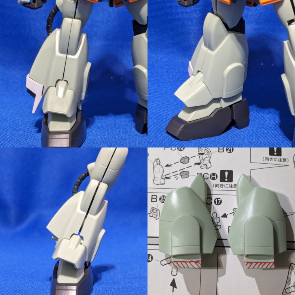 SEEDと言えば大股開き!しかし脛内側のスラスターフィン?がつっかえて脚があまり倒せなかったので(浮かせてディスプレイならいいんですが…)半分ほど削って大股開きしても足裏が接地出来るようにしました。