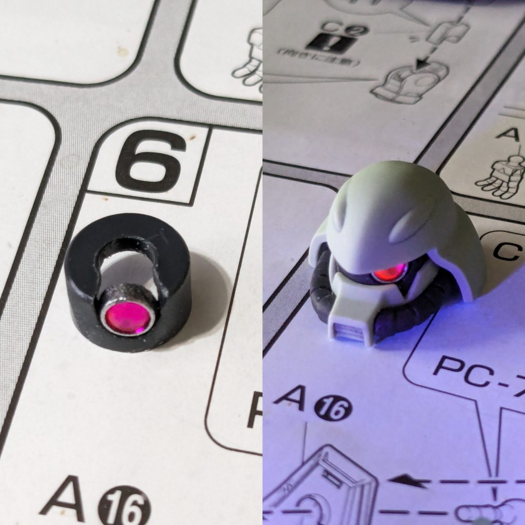 モノアイがシールなのも気になったので加工しました。左右に動かせますしブラックライトで光ります。