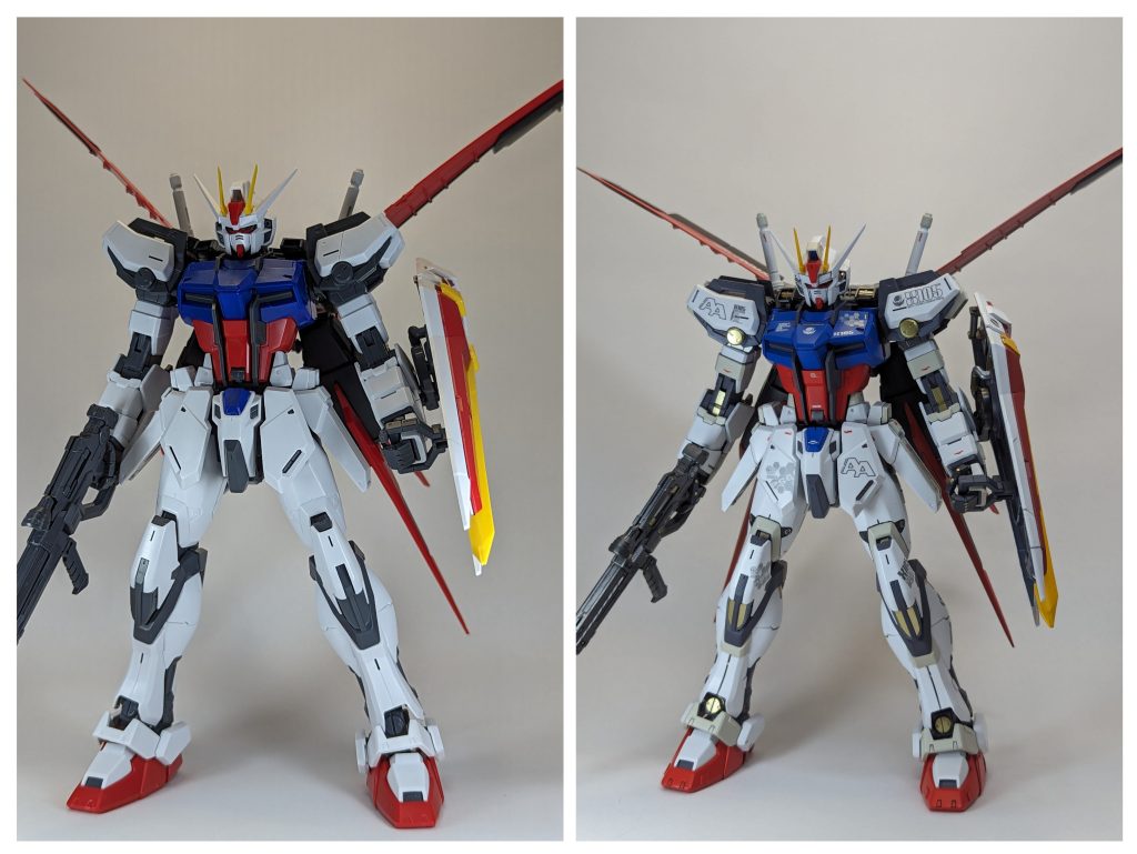 塗装レシピ内部フレーム→メカサフヘヴィ、スターブライトアイアン関節、裏打ち、ストライカーのエンジンなどの塗り分け→スターブライトシャンパンゴールド、スターブライトシルバー 黒→メタルブラック白メイン→フラットホワイト+コバルトブルー+ニュートラルグレー1白塗り分け→FS36222グレー+フラットホワイト青→コバルトブルー+インディブルー+パープルヴァイオレット赤メイン→フレイムレッド赤塗り分け→フレイムレッド+クリアーブルーセンサー類→クリアーイエロー、クリアーブルー