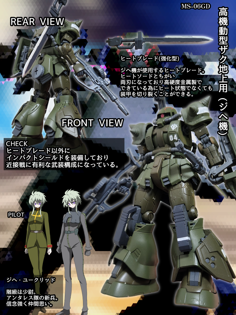 ジオン共和国特殊部隊に配備された高機動型ザク地上用。扱いやすさを重点に置かれた「2型」に分類されている。武装はザクマシンガン、ヒートブレード(強化型)、ヒートダガー、インパクトシールド。ヒートブレード(強化型)は高硬度金属製でできておりMSの装甲を切り裂くことが可能。インパクトシールドは試作型でザクのシールドにスパイクを装着し腕部に取り付けられている。シールドに下部にアタッチメントがありシールドを炸薬によって撃ち出しスライドさせて相手に打撃を与える一言で言えばパイルバンカーの様な機構。相手に近づかないと使用出来ないので扱いが難しい武器。パイロットはアンタレス隊の新兵のジヘ少尉。