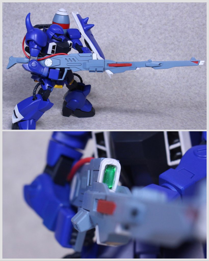 ビームトマホークは刃部分をグラデーションで塗りました。エアブラシでビームのグラデーションをするのは初めてでしたが上手くいって満足。オルトロスのスコープはラピーテープが見つからなかったので付属のホイルシールの銀の余剰部分にクリアグリーンを塗って貼った上にレジンを流し込みました。よく見るとちょこっと気泡が入ってますが肉眼だとほぼ目立たないので見なかった事にします。