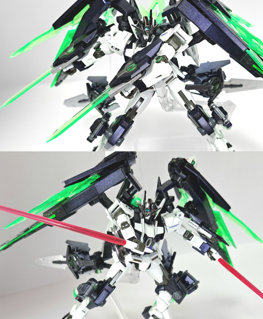 アークブレイサー両前腕部に装備した手甲型のユニット。GNバルカンを内蔵する他、GNバーストで刀身を形成したバーストブレイドとしての機能を有する。バーストブレイドは『機動戦士ガンダムAGE』に登場するシグルブレイドに近い性質を持ち、高い切断力を誇る。GNビームサーベル腰背部に2本マウントされているビームの剣。GNソードIIと比較して威力は劣っているが取り回しは良く、相手との間合いによってはより効果的な使い方が可能である。出力を調整すればGNビームダガーとなり、手に持って使用する以外に投擲武器としても使われる。