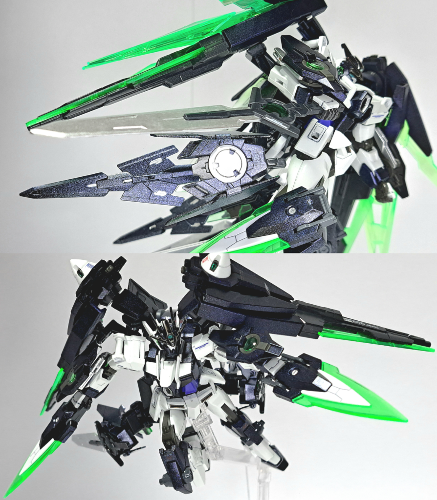 GNダイバーソードGNドライヴ部に各1本、計2本装着される実体剣。リクが発案して作成しており、GNコンデンサーの機能を組み込んでいる。これによってGNドライヴから供給されたGN粒子を貯蔵し、攻撃のインパクトの際に放出できるようになった。それに加え、エネルギー効率も大幅に高められている。GNカタール両脚部に1基ずつマウントされている武装。熱変換したGN粒子で刃を加熱して対象を溶断する。マウントしたまま刃の向きを変え、サッカーでの経験を生かした蹴り技に織り交ぜた斬撃をくり出すことが可能。